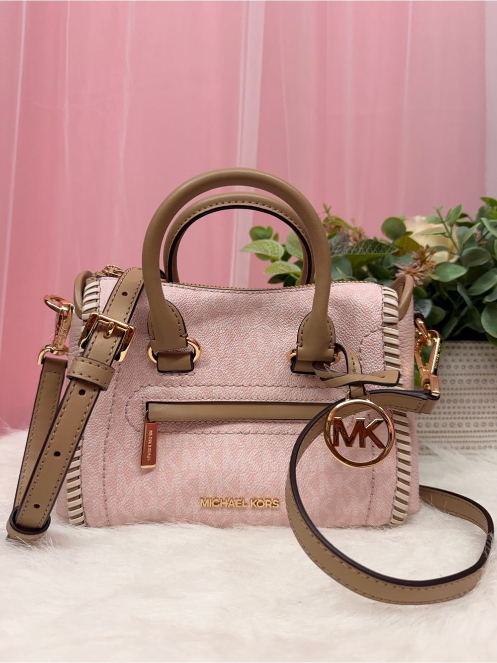 Michael Kors Pink and Tan Mini Satchel with Gold Hardware